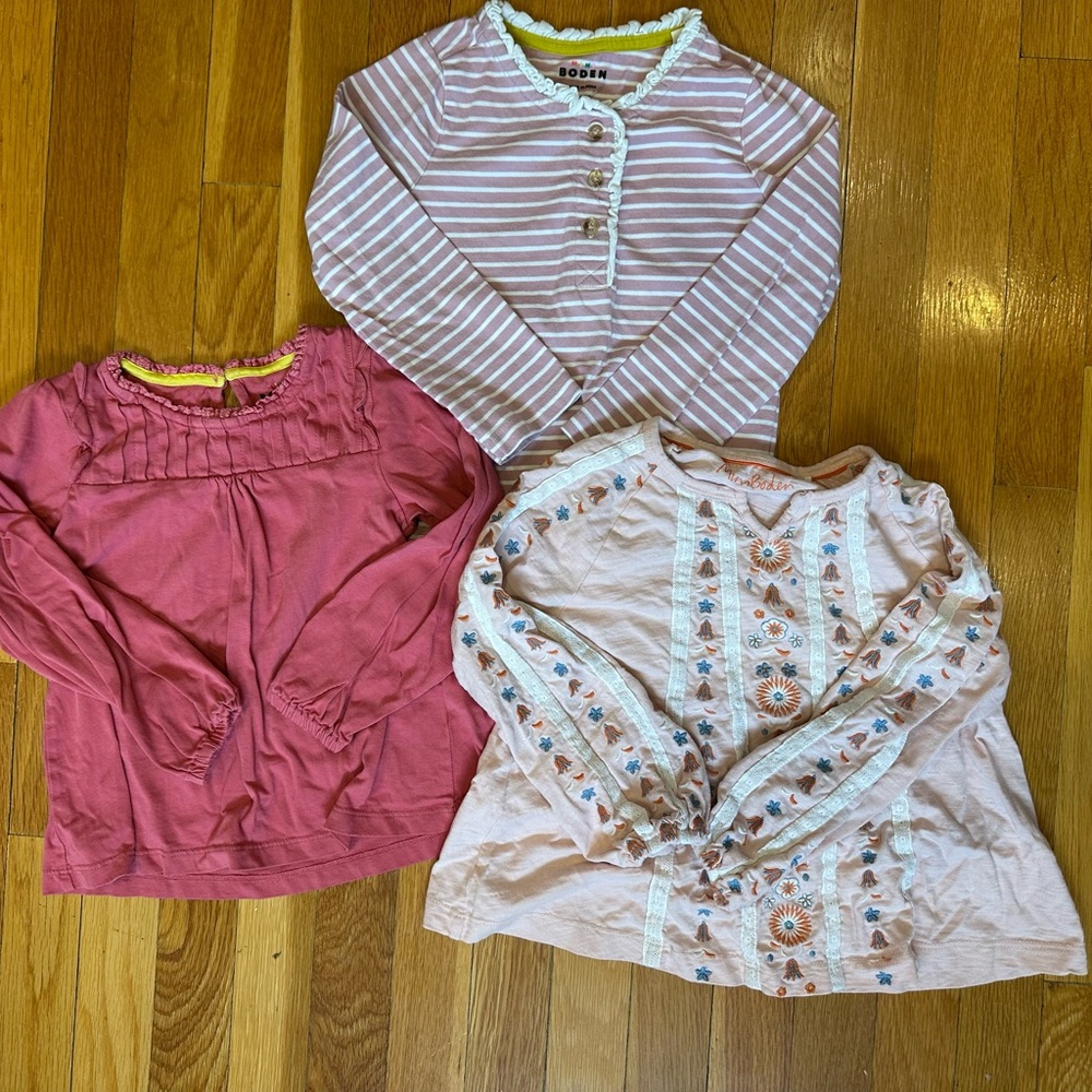 Mini Boden Girls Pink Striped Henley + Embroidered & Rose Long-Sleeves size 4-5